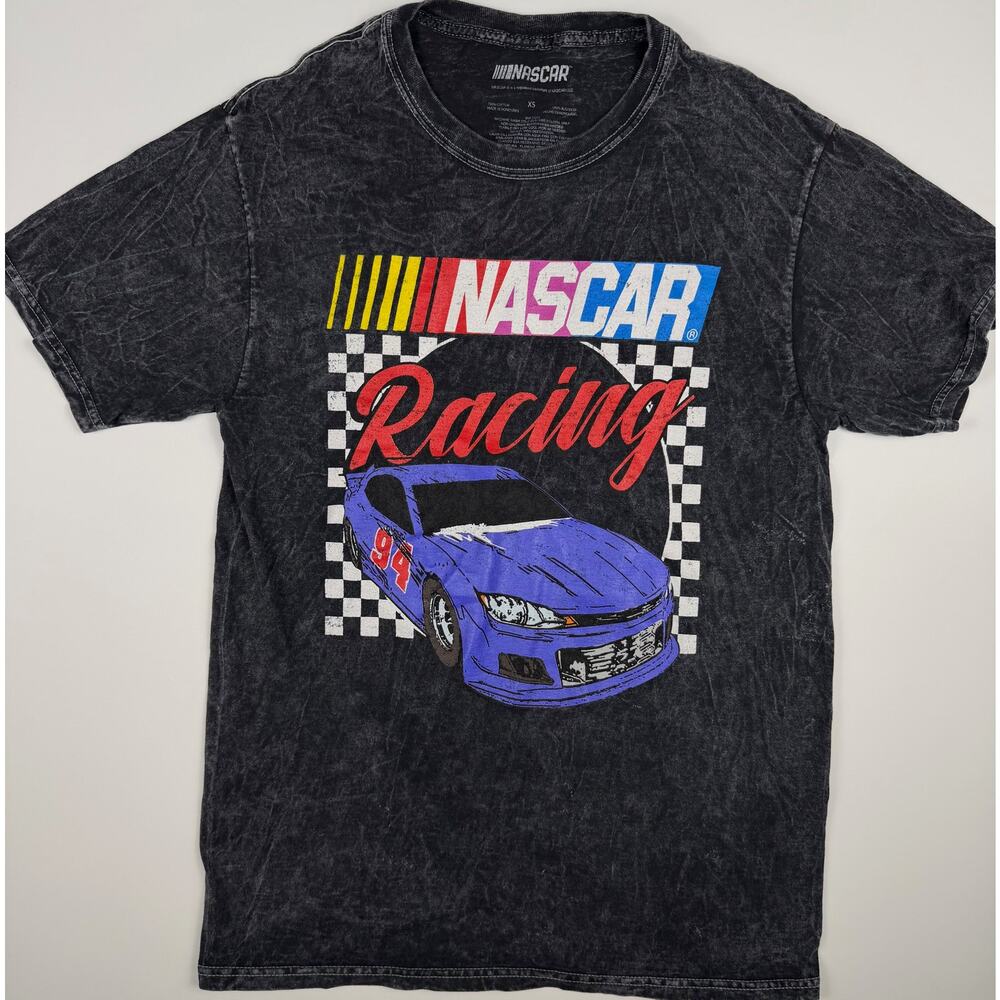 NASCAR Racing Graphic T Shirt Mens XS Black Acid Wash Checkered Tee